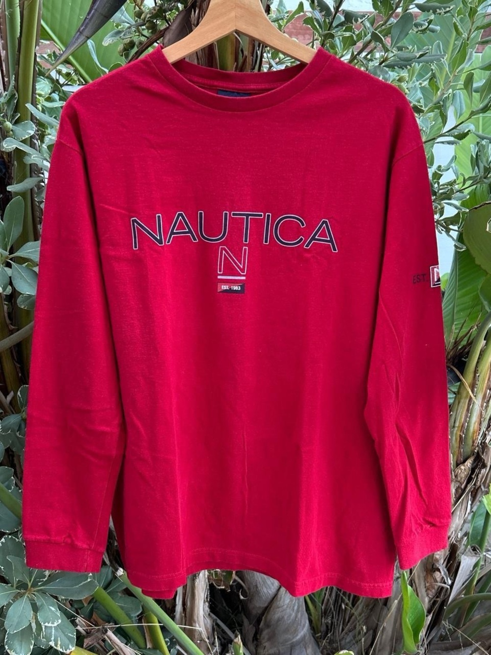Vintage 90s Nautica Made In USA Long Sleeve T Shirt Red Spell Out Logo Mens M
